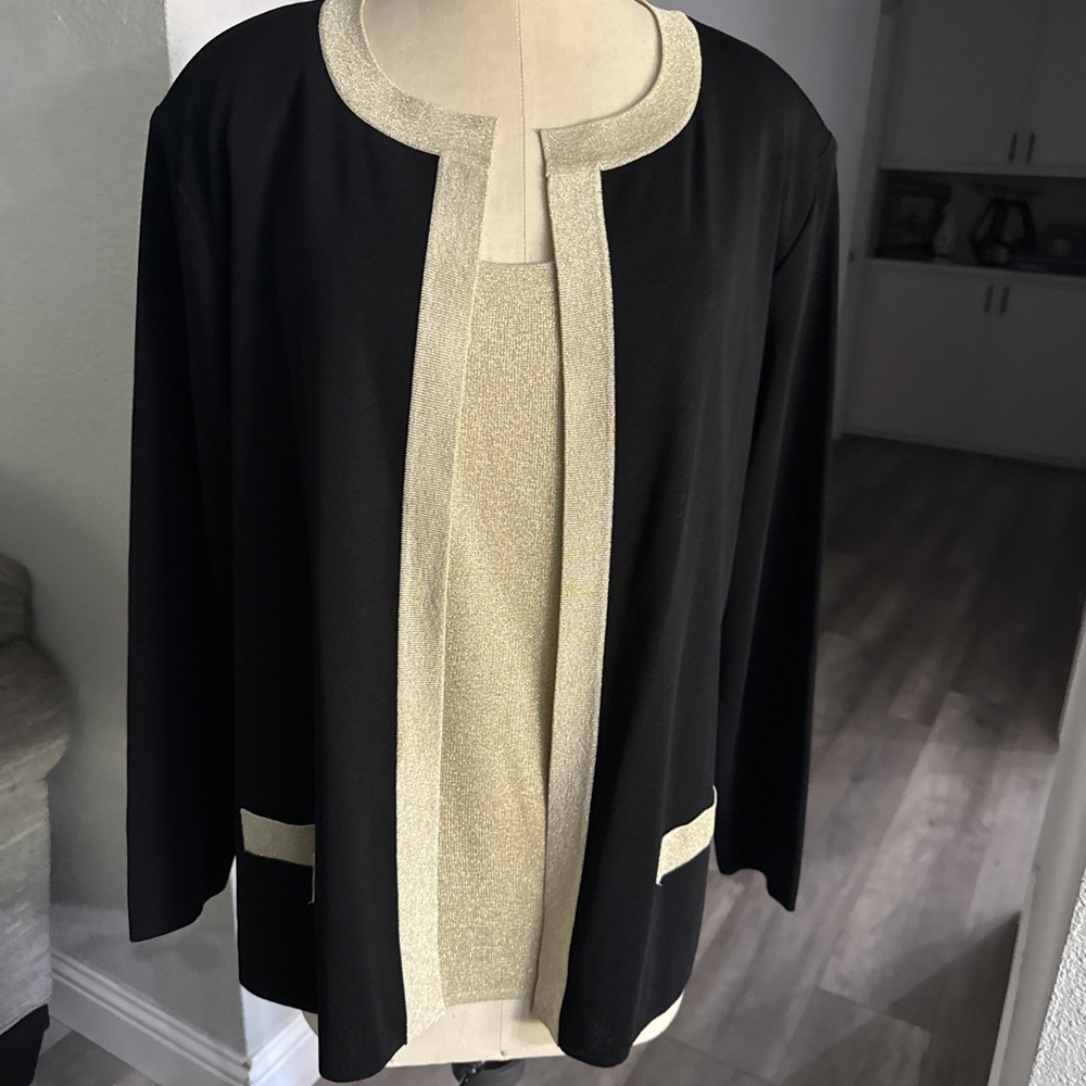 Exclusively Misook Black & Gold Knit Cardigan & Tank Top Shell Luxury 2pc Large